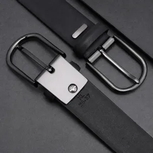 Men black leather belt with metal pin buckle casual business trousers belt size XL.