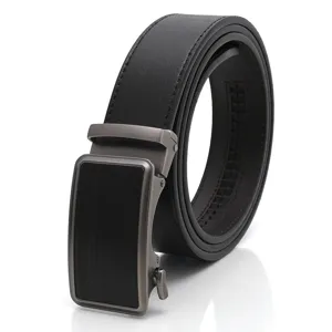 Men's black leather belt with automatic metal buckle stylish casual business accessory
