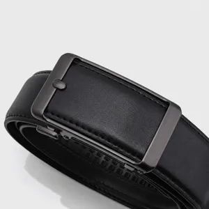 Men's automatic buckle leather belt, classic black business casual belt with metal buckle.