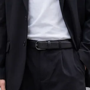 Men's black leather belt with alloy pin buckle, casual business versatile trousers belt.