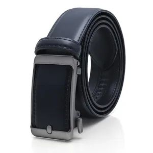 Men's automatic buckle leather belt rolled up showcasing dark blue strap and metal hardware.