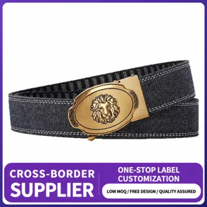 Men Western Cowboy Canvas Belt Vintage Lion Head Embossed Automatic Buckle Denim Fabric Belt Casual Fashion Waistband