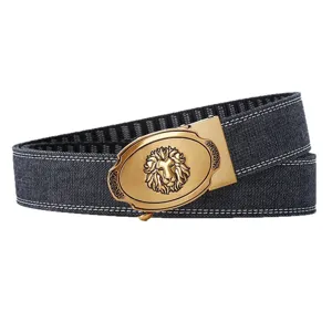 Men denim belt with vintage gold lion head embossed automatic buckle for casual wear