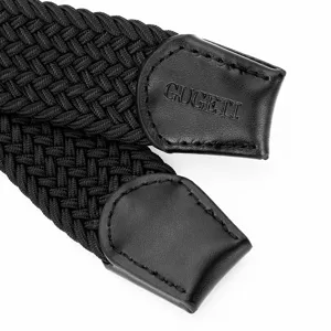 Black woven elastic belt with leather ends, casual stretch braided canvas belt for men.
