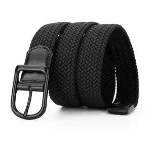 Men's black elastic woven belt with metal pin buckle, stretch fabric for casual golf wear.