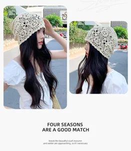 Japanese handmade crochet knit hollow-out slouchy beanie hat for women. Retro style beige headwear.
