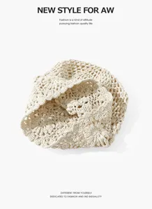 Japanese handmade hollow knit beret, retro slouchy crochet beanie for women, beige style.