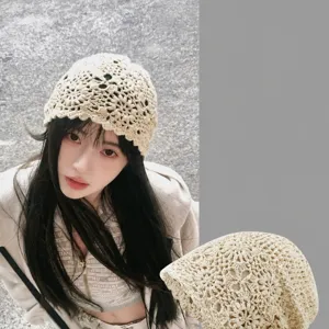Women Hollow Crochet Knit Beanie Hat Retro Literary Lightweight Breathable Casual Slouchy Cap