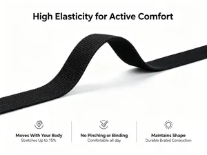 Detail shot of elastic woven belt displaying stretch and flexible structure for casual wear.