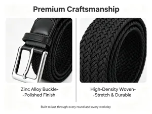 Men's stretch braided elastic woven casual belt with durable zinc alloy polished buckle.