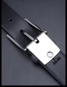 Men's leather belt detail shot featuring a classic metal pin buckle and durable strap.