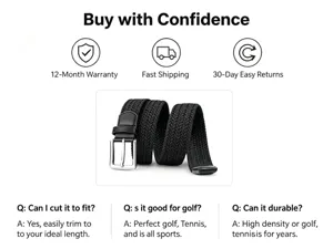 Elastic woven detail of black golf belt, flexible stretch fabric with metal buckle design.