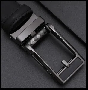Men business casual leather belt with gunmetal automatic buckle for daily office and formal wear.