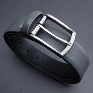 Men's grey leather belt with stylish silver pin buckle business casual trousers belt accessory.