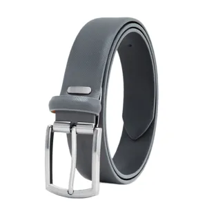 Men's grey leather belt with pin buckle, stylish business casual trousers waist accessory.