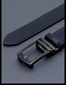 Men's automatic buckle leather belt close-up detail, sleek black metal buckle design.