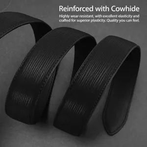 Black mens split cowhide leather belt coiled display, casual business classic trouser strap.