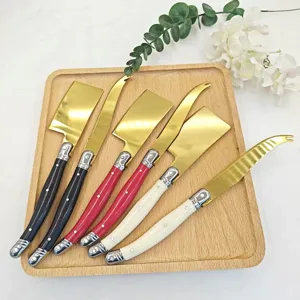 Juego de cuchillos para queso de acero inoxidable con mangos de colores en bandeja fina.
