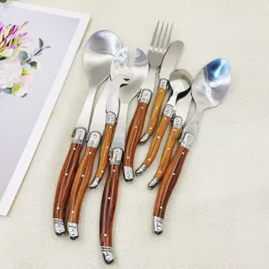 Edelstahl Besteckset Holzmaserung Griff Steakmesser Gabel Löffel Küchengeschirr Detail