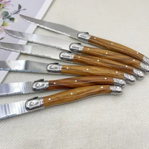 Edelstahl Steakmesser Set mit Holzmaserung ABS Griffen und Klingen mit Wellenschliff.
