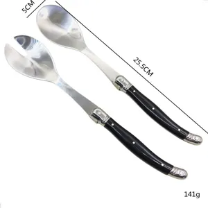 Stainless steel salad serving spoon and fork set with black plastic handles, 25.5cm.