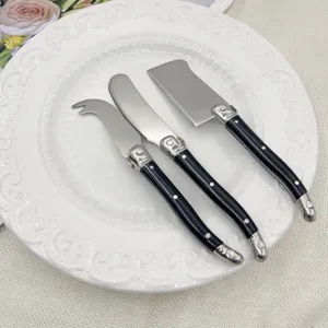 Stainless steel cheese knife set detail view, featuring black handles and elegant metal bolster.