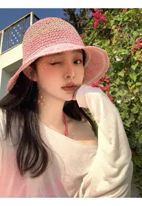 Pink straw bucket hat for women, wide brim sun hat for beach vacation and spring outdoor daily wear