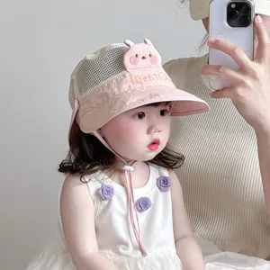 Baby sun protection hat with cute cartoon animal design and breathable mesh for summer outdoor.