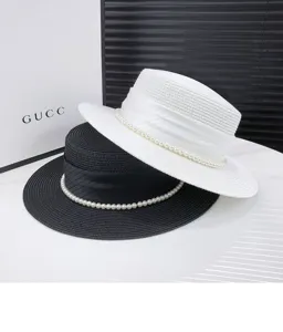 Women's flat-top straw hat summer sun protection wide brim pearl decorative fedora retro hat