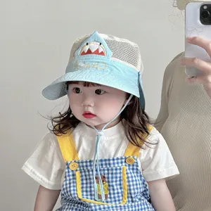 Cute baby sun protection bucket hat with breathable mesh and cute shark design for kids.