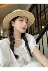 French flat top straw hat for women, summer sun protection wide brim pearl woven cap versatile.