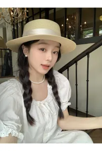 French flat top straw hat for women, summer sun protection wide brim pearl decorated woven hat.