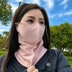 Detail shot of UV protection sun mask, breathable ice silk fabric, full face and neck cover.