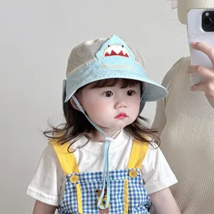 Cute baby sun protection mesh hat detail, breathable summer toddler fisherman hat with strap.