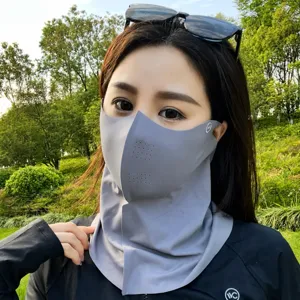 Detailed view of the dark gray sun protection face mask, ice silk breathable facekini for women.