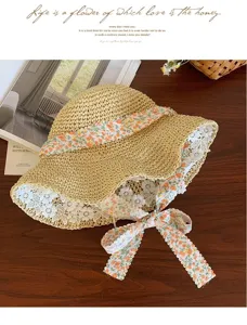 Women Summer Straw Hat French Floral Ribbon Lace Hollow Sun Protection Beach Sun Hat