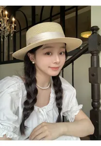 French flat top straw hat for women, summer sun protection large brim woven hat with pearl decor.
