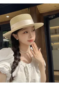 French flat top straw hat for women summer sun protection large brim pearl ribbon decor chic