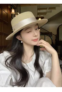 French flat top straw hat with beige ribbon and pearl decor, summer sun protection beach hat.