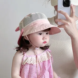 Baby sun protection mesh hat cute pink toddler outdoor summer visor with wind rope