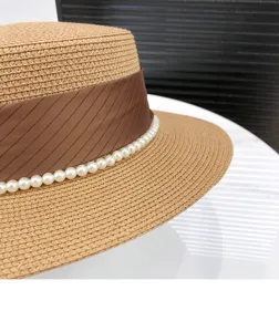Women's flat top straw hat summer sun protection wide brim pearl decorated vintage hat.