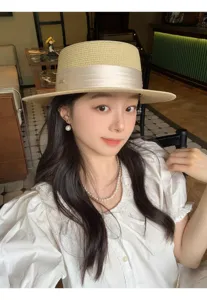 French flat-top straw hat for women summer sun protection wide brim boater hat with pearl