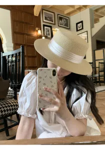 French flat top straw hat women summer sunshade wide brim pearl decorated woven dress hat