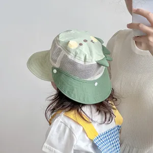 Cute baby dinosaur sun hat with breathable mesh panels and neck flap for summer outdoor protection.