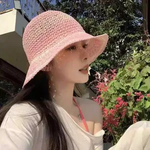 Women Straw Woven Bucket Hat Wide Brim Beach Vacation Summer Sun Hat UV Protection Casual Sun Protection Hat