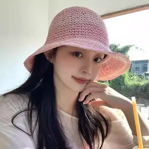 Korean style pink straw bucket hat for women, sweet seaside holiday sun protection sun visor.
