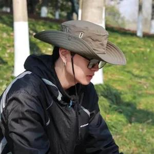Outdoor sun protection fisherman hat with wide brim, quick drying breathable hiking cap.