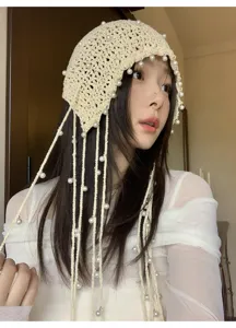 Handmade crochet pearl tassel headscarf knit hat hollow out beanie cap for women chic detail
