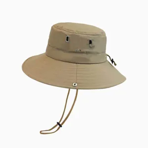 Khaki outdoor sun bucket hat detail, breathable metal eyelets, quick-dry fabric, adjustable.