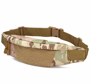 Tactical waist bag detail view, featuring durable camouflage fabric and sturdy buckle.